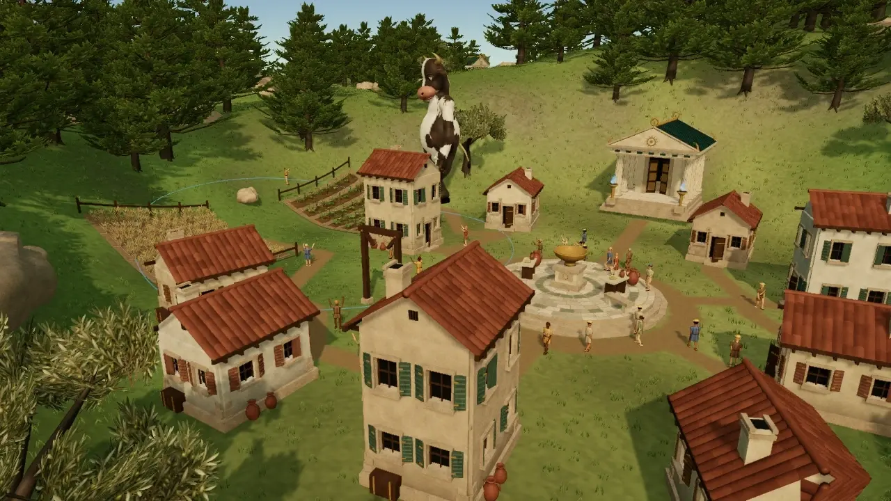 A giant cow stands over a hillside village and its temple.