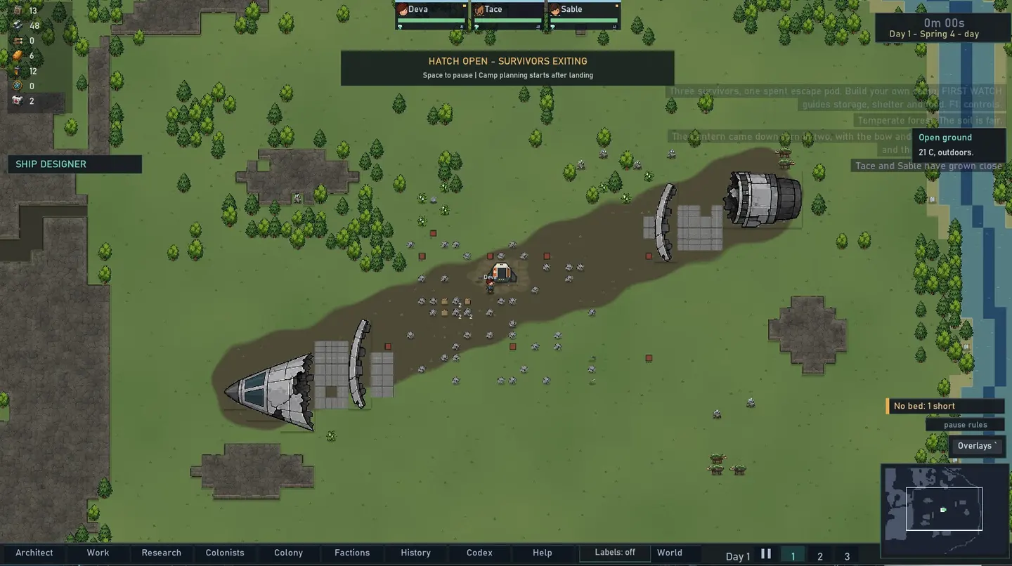 Three survivors leave the escape pod between the two halves of their wrecked ship.