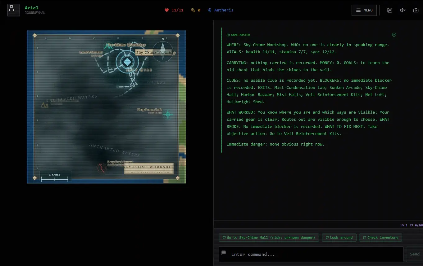 A run in progress: the world map on the left and the game master's report on the right.