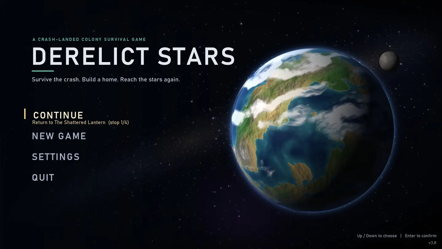 Derelict Stars title screen with a planet and its moon