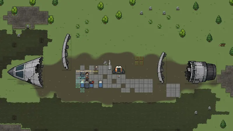 The crash site: nose, hull ribs and engine scattered across the map.