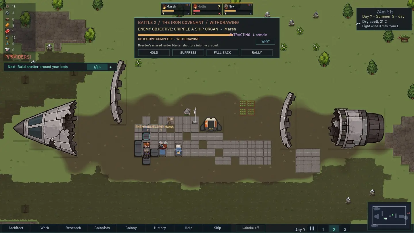 A raid in progress, with the enemy's objective and resolve on screen.