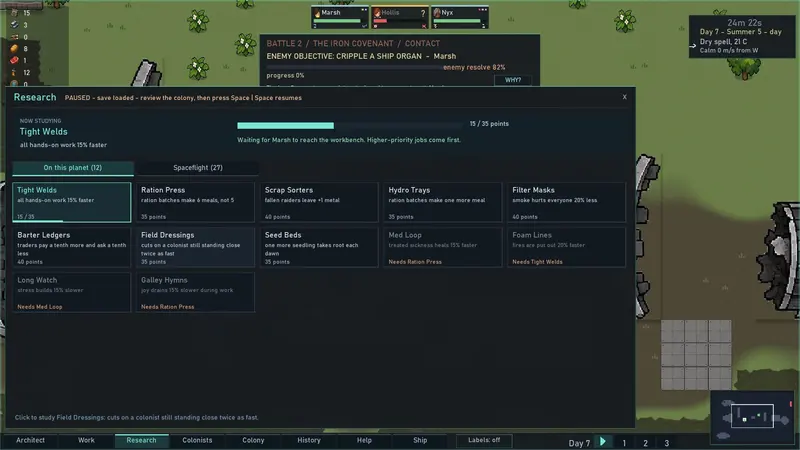 The research panel, split into planet and spaceflight projects.
