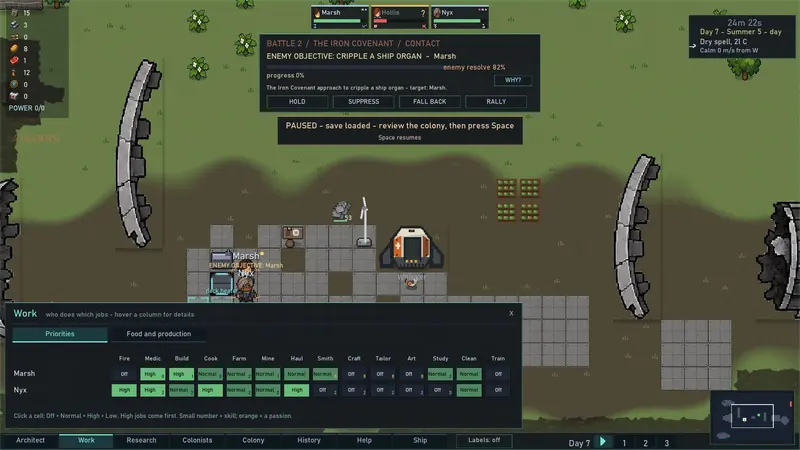 The work board, with job priorities for each colonist.