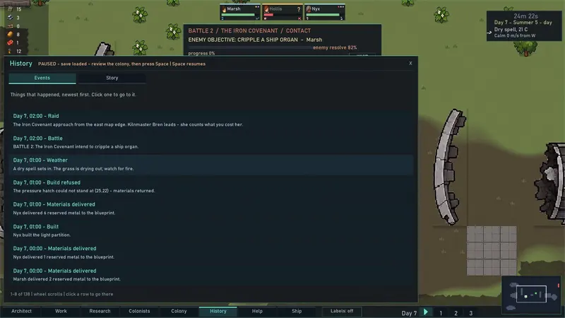 The history log: raids, weather and building, in plain English.