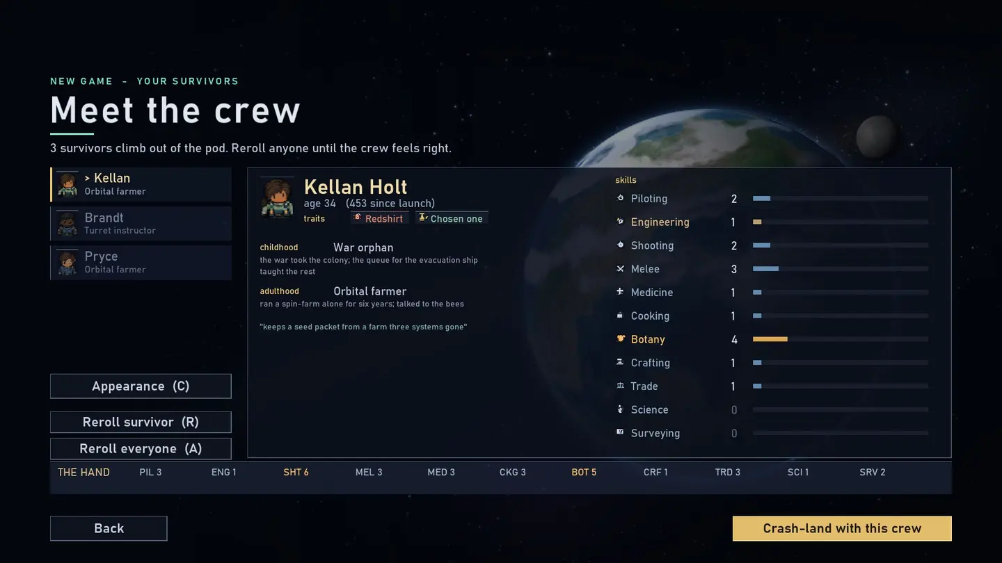 Crew selection: backstory, traits and a skill sheet for each survivor.
