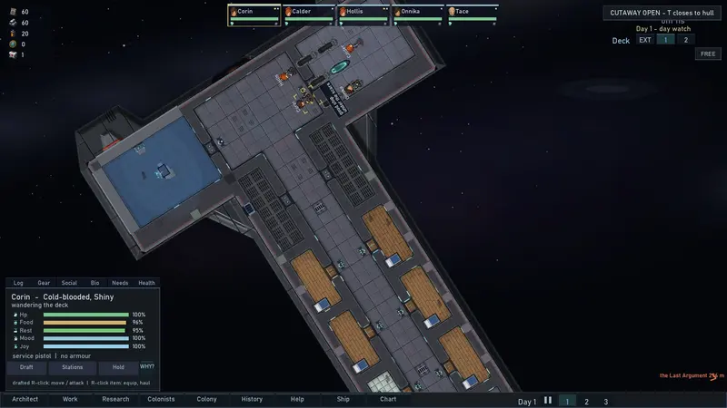 Crew moving through the ship's corridors and quarters.