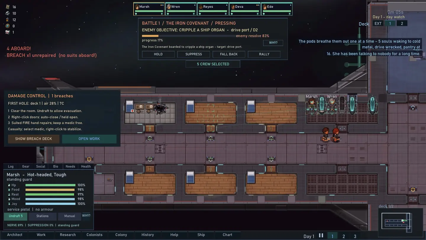 A boarding action: a hull breach, damage control and crew fighting on deck.