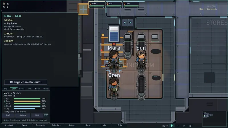 Three crew in the ship's quarters, close up.