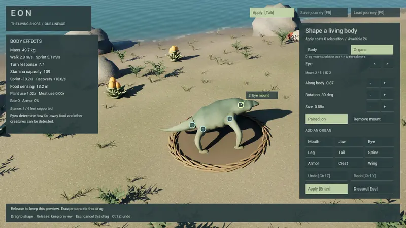 Adjust mounted organs on an editable creature.
