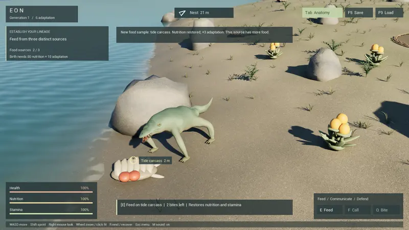 A creature forages beside the water on the Living Shore.