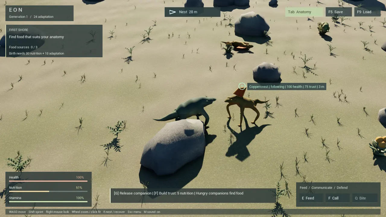 A bonded companion follows the player on the Living Shore.