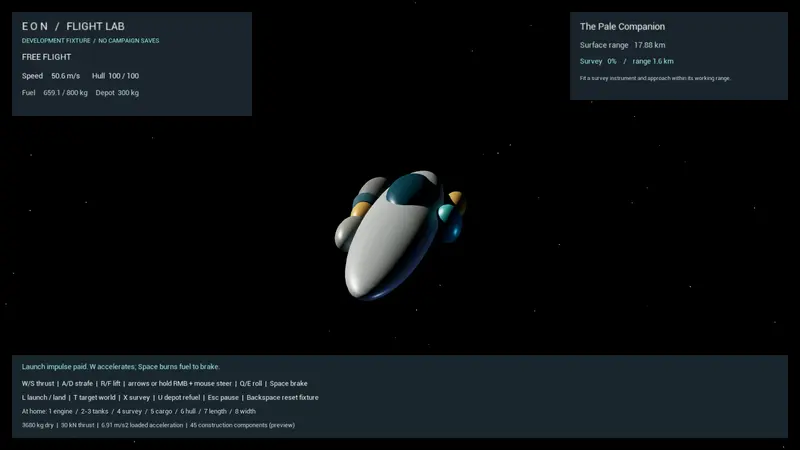 A spacecraft in flight in the Flight Lab.
