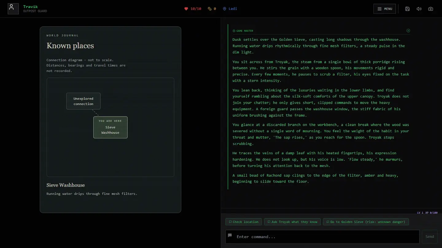 Play: the world journal on the left, the game master on the right. This is the world of Ledi.