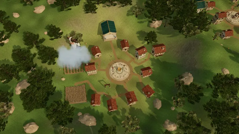 A village laid out around its court, with rain falling on a field.